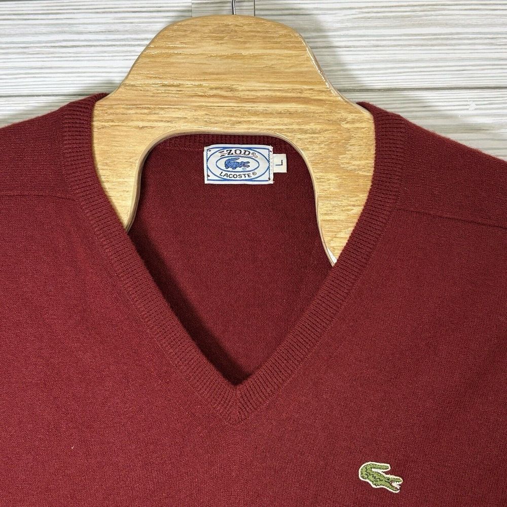 Lacoste Men's Vintage Blue Label V-Neck Sweater Cranberry/Wine Pullover Sz Lg